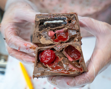 milk chocolate stuffed cherry truffle Oreo bar cut open